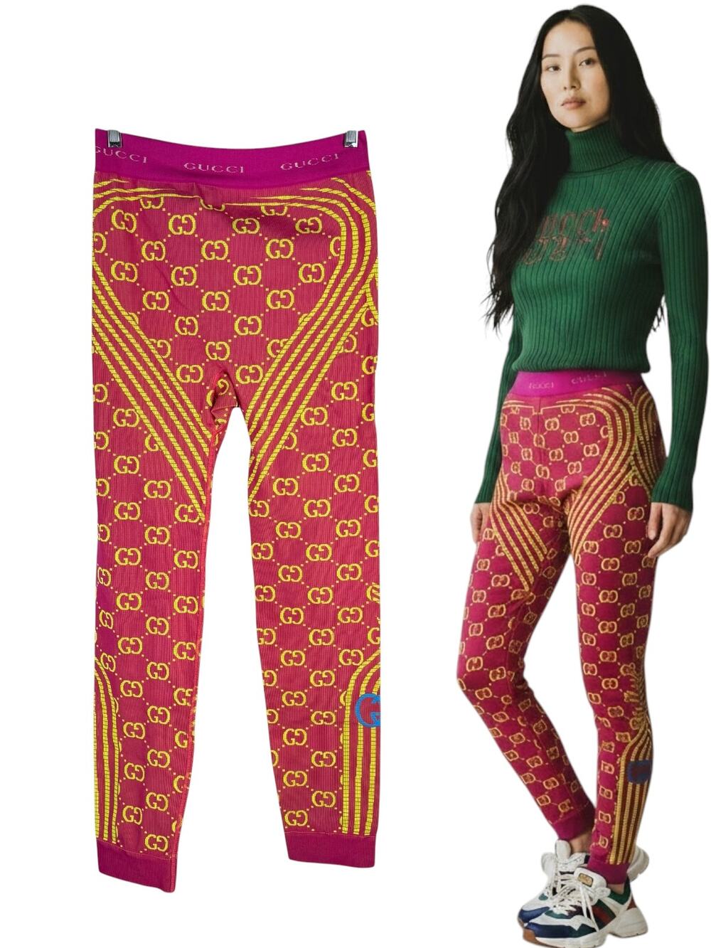 New Gucci GG Monogram Jacquard Jersey Tubular Leggings Pink Size Large